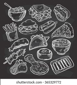 Set of various food in sketchy style on chalkboard background