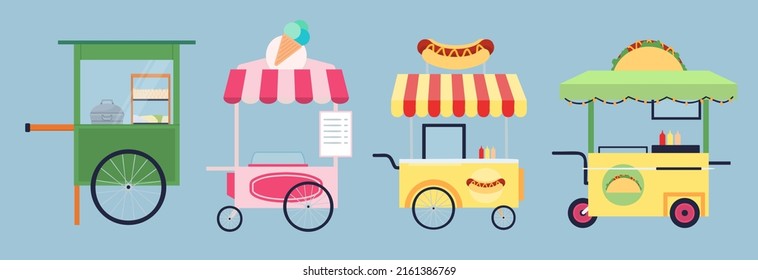 A set of various food stalls selling different kinds of food and snacks for advertisements and menus. or used to make a publication or a food website