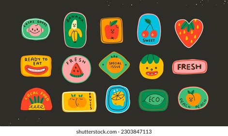 Conjunto de varios stickers de comida. Parche colorido, etiqueta, sello, etiqueta, insignia. Concepto sano, fresco, orgánico, local, frutal, ecológico, vegetariano. Ilustración de vectores dibujada a mano. Plantillas de diseño aisladas