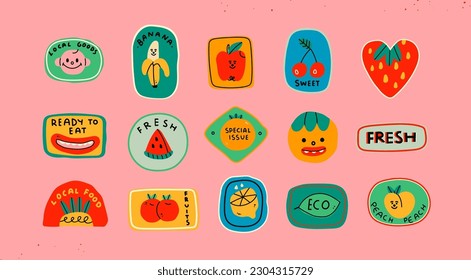 Set of various food Stickers. Colorful patch, tag, stamp, label, badge. Healthy, fresh, organic, local, fruit, eco, vegetarian concept. Hand drawn Vector illustration. Isolated design templates