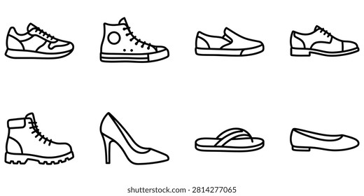 Set of various footwear styles vector icon line collection with footwear