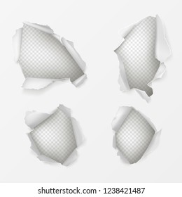 Set of various form holes with ripped edges in paper sheet 3d realistic vector illustration on transparent background. Torn or damaged white surface. Breach and gap elements collection for web design