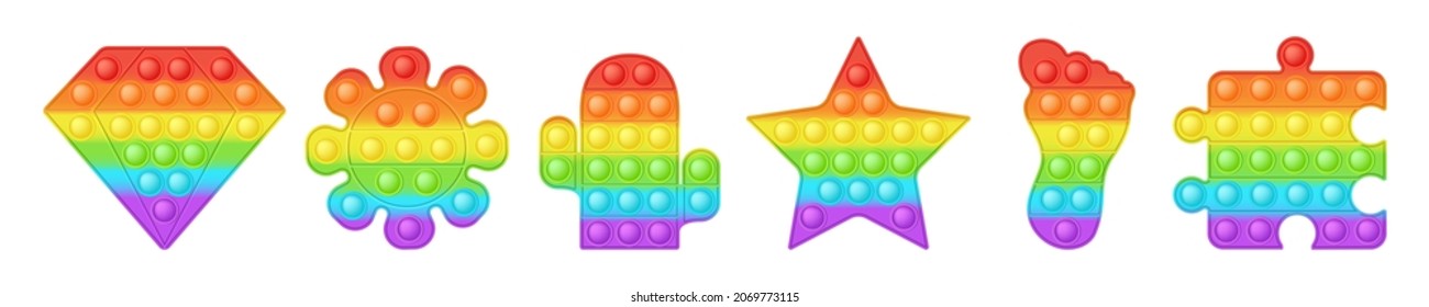 Set of various forms pop it a fashionable rainbow fidget toys. Addictive anti stress toy in bright colors. Bubble sensory trendy popit for kids. Vector illustration isolated on a white background.