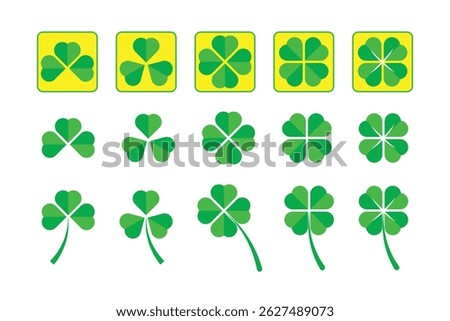 Set of various four and three leaf clover icons in bright green white background vector illustration.
