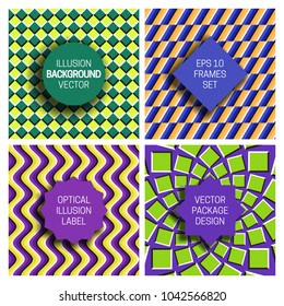 Set of various frames on optical illusion backgrounds. Trendy labels templates for original packaging design.