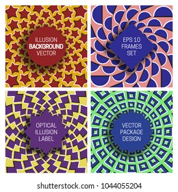 Set of various frames on optical illusion backgrounds. Trendy labels templates for original packaging design.