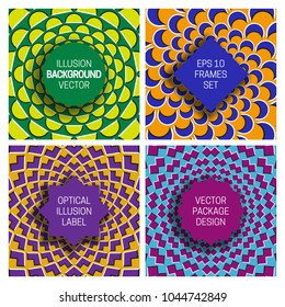 Set of various frames on optical illusion backgrounds. Trendy labels templates for original packaging design.