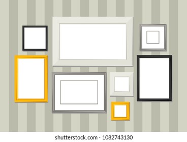 Set of various frames for pictures and photos on wall.