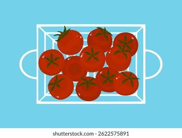 Set of various fresh cherry tomatoes vector illustration. Collection. Healthy food. Red tomatoes in basket. Top view. Ripe organic vegetable and fruit farm product. Isolated flat design cute.

