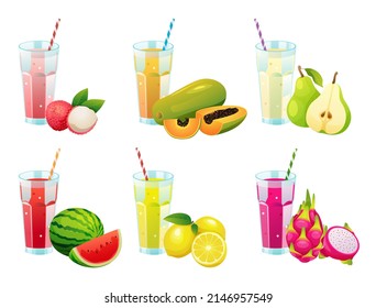 Set of various fresh fruit juices in glasses illustration