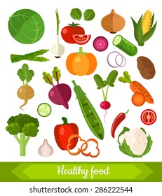 Set of various fresh vegetables, simple sketches of different kinds of vegetables. Vector illustration of healthy food  in flat style. Healthy lifestyle or diet design element.