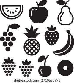 Conjunto de vários ícones de frutas em contorno preto