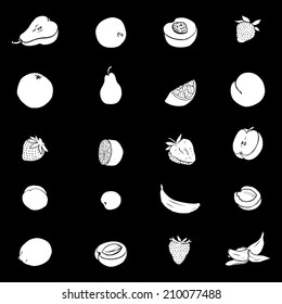 Set of various fruit icons white on black background