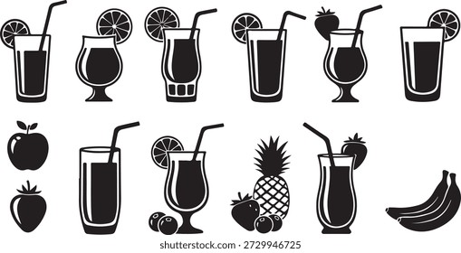 Set von verschiedenen Obst Smoothie Getränke mit Strohhalmen und frischen Zutaten Silhouette