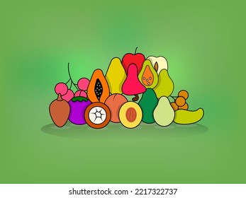 Set of Various Fruit Vector Against Green Background. Flat design of fresh and sliced fruit
