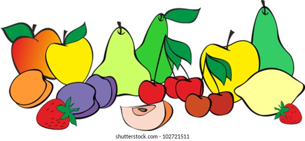 Set of Various Fruits (Apple, Apricot, Cherry, Lemon, Peach, Pear, Plum, Strawberry) on White Background