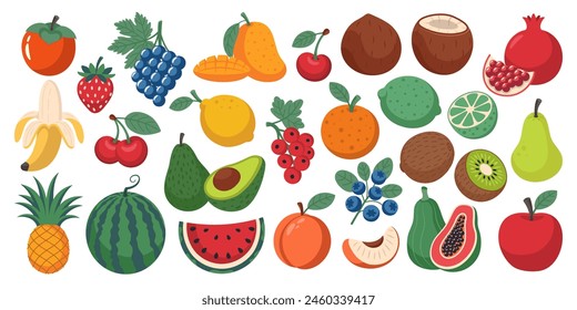 Set of various fruits and berries. Collection of organic vitamins and healthy nutrition. Isolated on a white background.