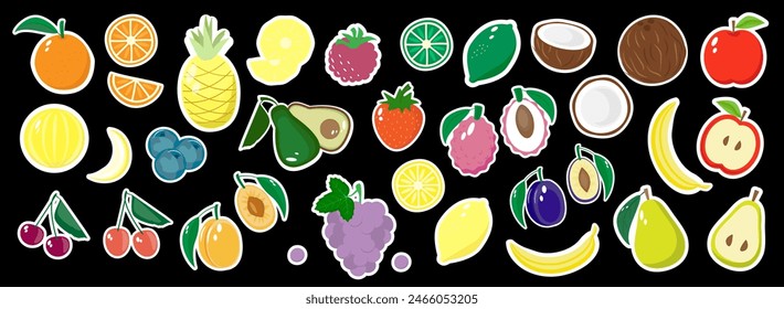 Set of various fruits and berries. Collection of organic vitamins and healthy food stickers.