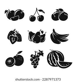 Set of various fruits and berries. Vector black silhouettes of fruits and berries isolated on a white background