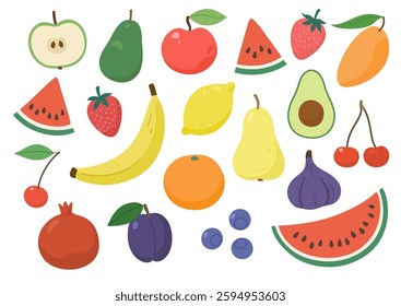 Set of various fruits and fruit slices in simple cartoon style. Hand-drawn vector illustration.