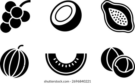 Um conjunto de várias frutas no estilo de glifo. Inclui uvas, coco, mamão, melancia, melão e nozes. Ilustração vetorial isolada sobre fundo branco.