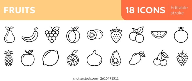 set various fruits icons including apple, banana, strawberry, grapes