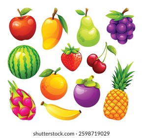 Set of various fruits including apple, mango, watermelon, strawberry, and more. Vector cartoon illustration