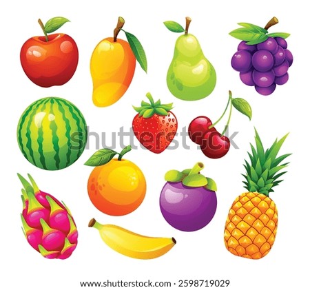 Set of various fruits including apple, mango, watermelon, strawberry, and more. Vector cartoon illustration