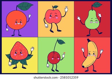 Set of various fruits. Mascot fruits. Square colorful icons. Trendy hand drawn illustration.