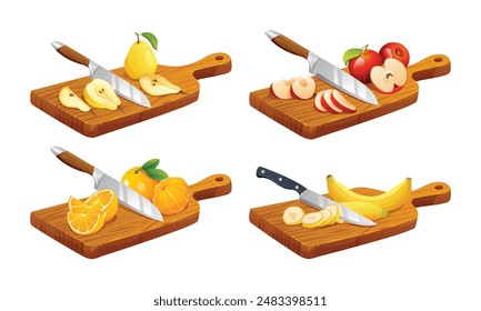 Conjunto de varias frutas en tablas de cortar. Incluye pera, manzana, naranja y plátano. Ilustración vectorial