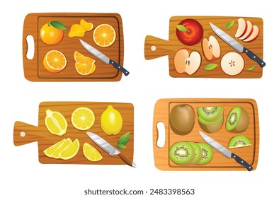 Satz von verschiedenen Früchten auf Schneidebrettern. Beinhaltet Orange, Apfel, Zitrone und Kiwi. Vektorillustration