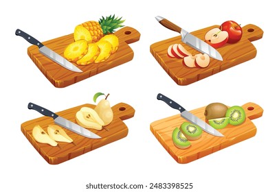 Satz verschiedener Früchte auf Holzschneidebrettern. Einschließlich Ananas, Apfel, Birne und Kiwi. Vektorillustration