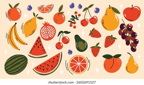 Set of various fruits vector illustration in cartoon groovy funky style. Different autumn or summer harvest market healthy food like apple, pear, cherry, strawberry, grape, peach, blueberry
