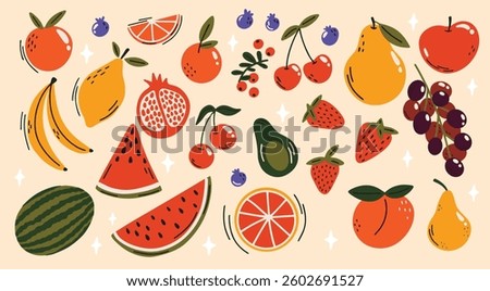 Set of various fruits vector illustration in cartoon groovy funky style. Different autumn or summer harvest market healthy food like apple, pear, cherry, strawberry, grape, peach, blueberry
