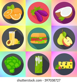 Set of various fruits, vegetables, fast food, cutlery. Tasty meal icons collection. 