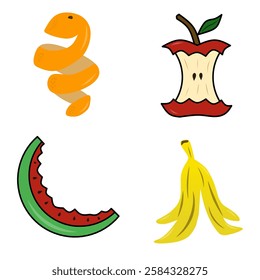 Set of various fruits waste isolated on white. Compost life cycle process.