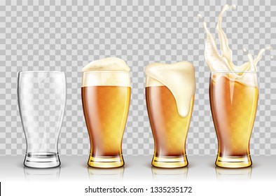 Set of various full and empty beer glasses. Isolated on transparent background. Realistic vector illustration