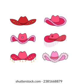 Set of various funky cowgirl hats. Vector illustration in retro 1960s style