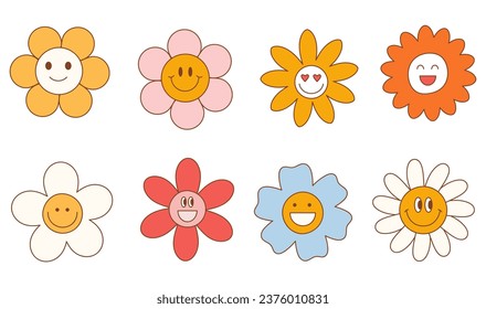 Montaje de flores de varios personajes divertidos. Flores de margarita feliz de alucinógeno con ojos y sonrisa. Ilustración vectorial aislada de Hippie 60s 70s. 