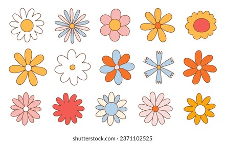 Set of various funky groovy flowers. Vintage happy daisy flowers. Hippie 60s 70s isolated vector illustration. 