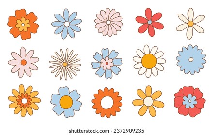 Set of various funky groovy flowers. Vintage happy daisy flowers. Hippie 60s 70s isolated vector illustration. 