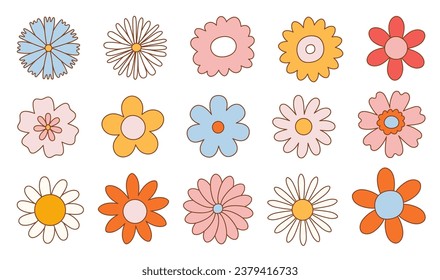 Set of various funky groovy flowers. Vintage happy daisy flowers. Hippie 60s 70s isolated vector illustration. 