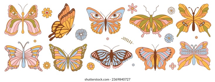 Conjunto de varias mariposa canosa e ingenua. Mariposa y flor de alucinógeno. Ilustración vectorial aislada de Hippie 60s 70s. 