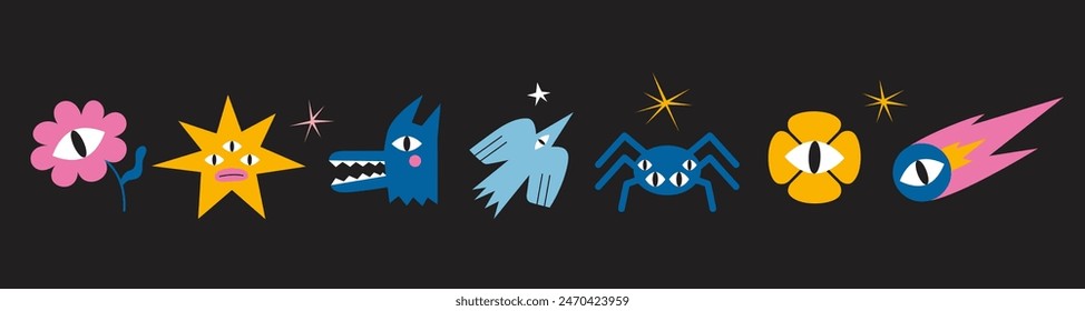 Set of various funny cartoon characters like monsters, flower, star, spider, bird and comet. Trendy modern vector illustration, hand drawn, flat design