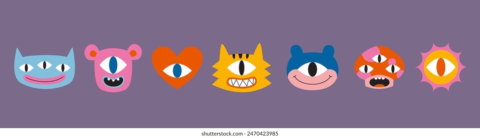 Set of various funny cartoon characters like one or three eyed monsters, heart, tiger, mushroom and sun. Trendy modern vector illustration, hand drawn, flat design