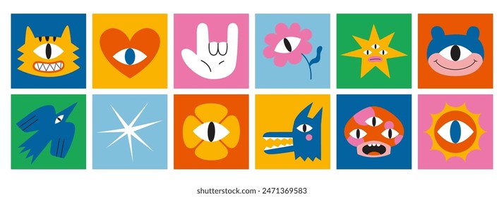 Set of various funny cartoon characters. Square colorful icons. Cute retro stickers collection in vibrant colors. Trendy modern vector illustration, hand drawn, flat design