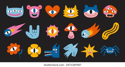 Set of various funny cartoon characters like monsters, heart, flower, bird, mushroom and star. Trendy modern vector illustration, hand drawn, textured effect, flat design