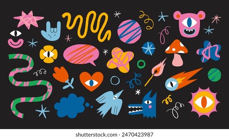 Conjunto de varias Formas divertidas de dibujos animados y personajes como corazón, flor, pájaro, monstruo, hongo, curva y estrella. Ilustración vectorial moderna de moda, dibujado a mano, efecto texturizado, diseño plano