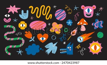 Set of various funny cartoon shapes and characters like heart, flower, bird, monster, mushroom, curve and star. Trendy modern vector illustration, hand drawn, textured effect, flat design