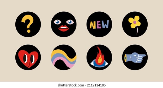 Set of various funny comic vector highlight stories covers: help, new, favorites. Trendy modern design. Cartoon, sticker style. Hand drawn templates. Round icons for social media stories. 